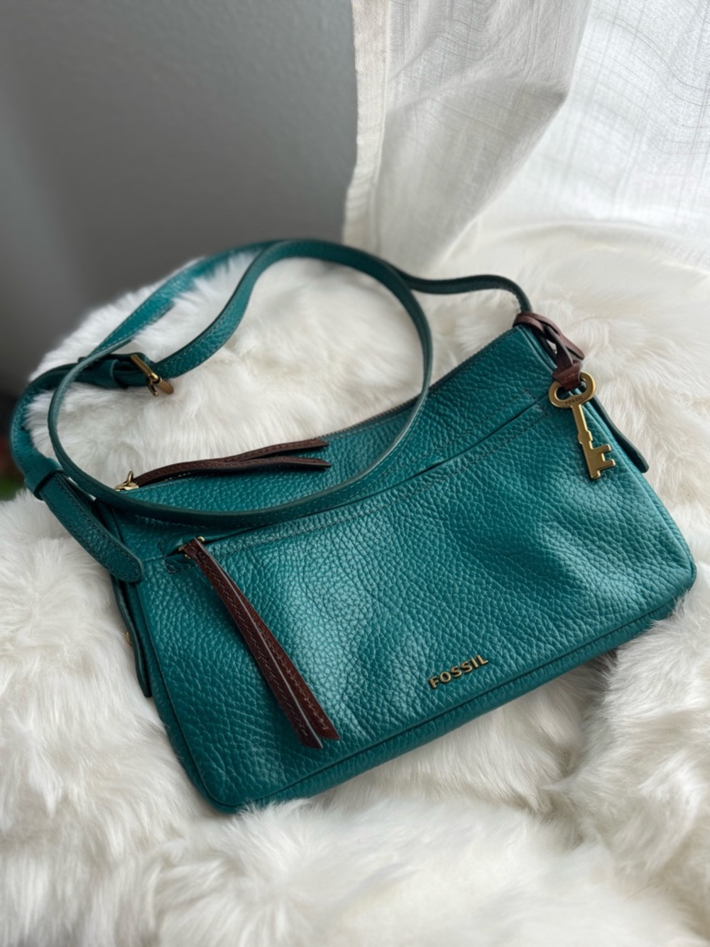Fossil Sydney Teal Pebbled Leather Crossbody